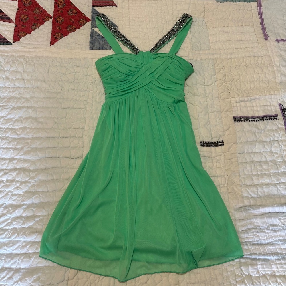 Jodi Kristopher Cocktail Dress Mint Green Beaded Rhinestone Size 5